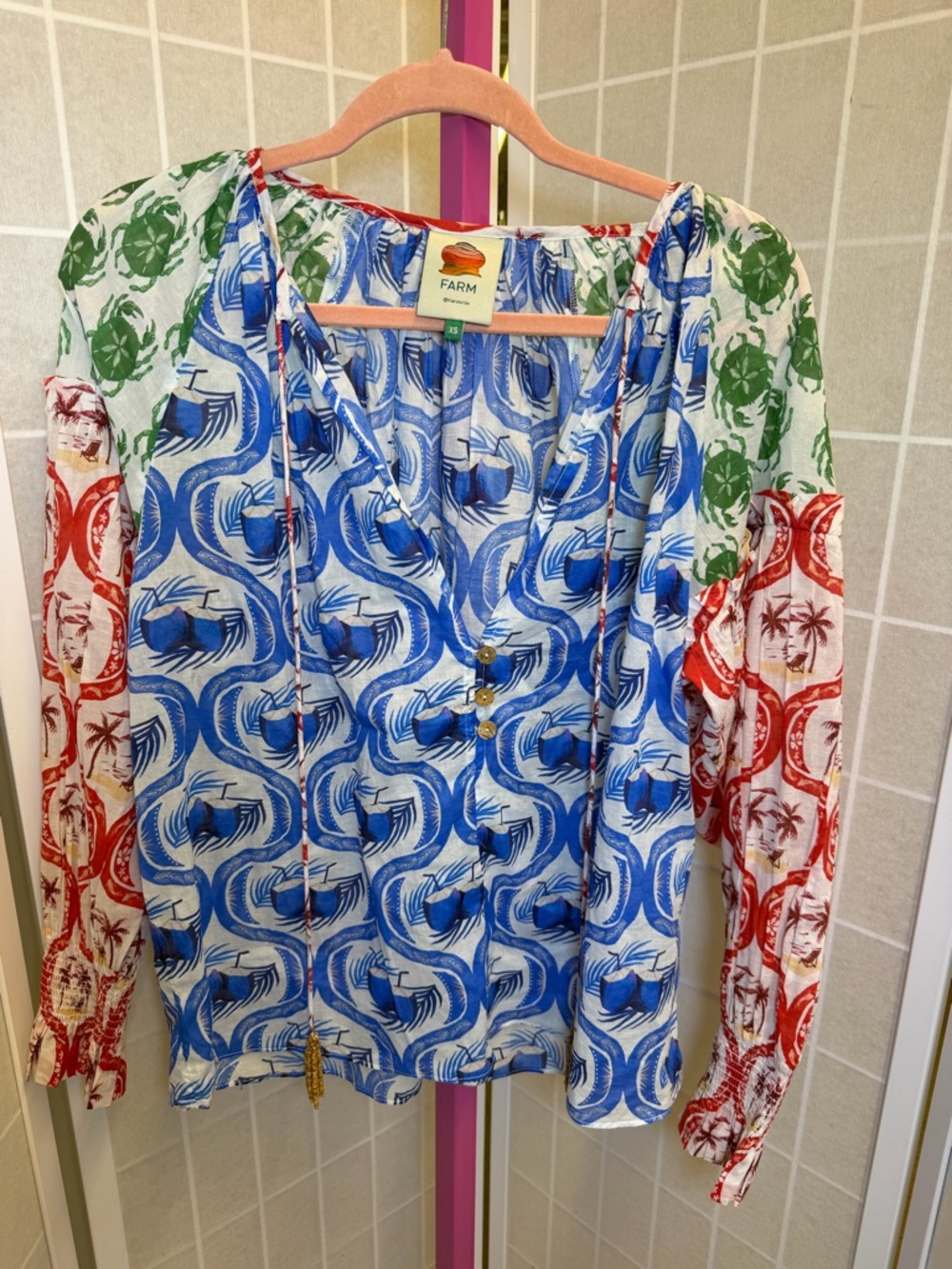 FARM RIO SKIRT SET Summer Multicolor Mix-Print Blouse in Blue, Red, Green - Picture 2 of 16